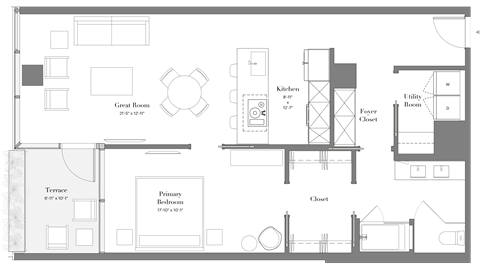 Floor plan for 1 bed, 1 bath, 951 sqft